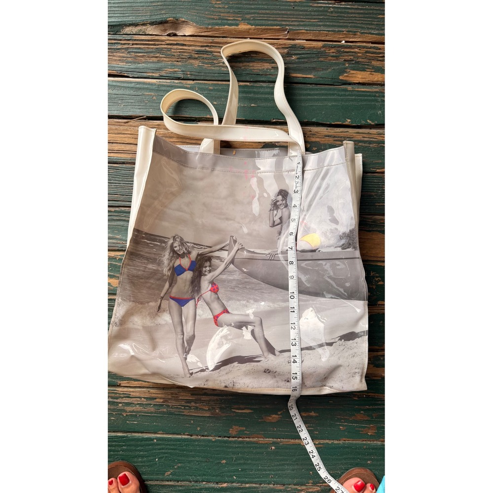 Victoria's Secret Vintage Beach Tote Bag Cream Vinyl Graphic Print Large